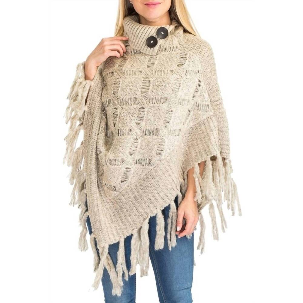 NEW CAP ZONE turtleneck ribbed crochet knit poncho in khaki